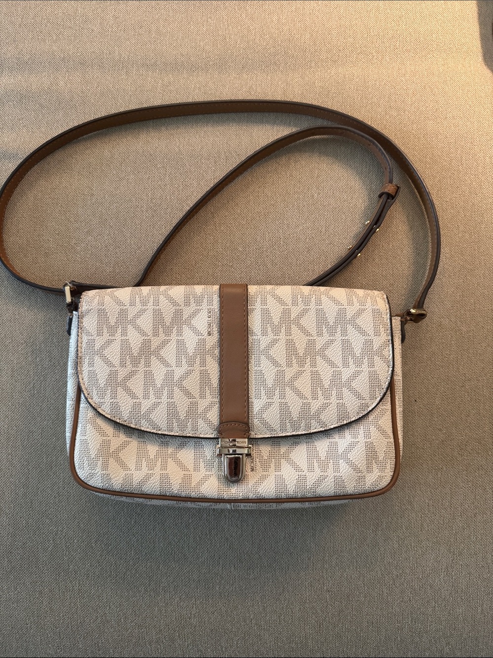 Michael Kors Cream and Brown MK Signature Crossbody